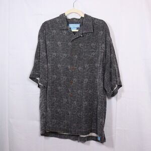 Bermuda Bay Silk Button Down Mens Large Grey Marlin Tropical Camp Shirt